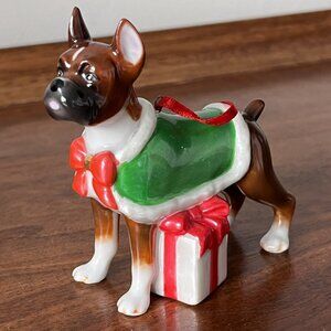 DNC Fine Porcelain Boxer Dog Christmas Ornament Standing Pup with Present Box